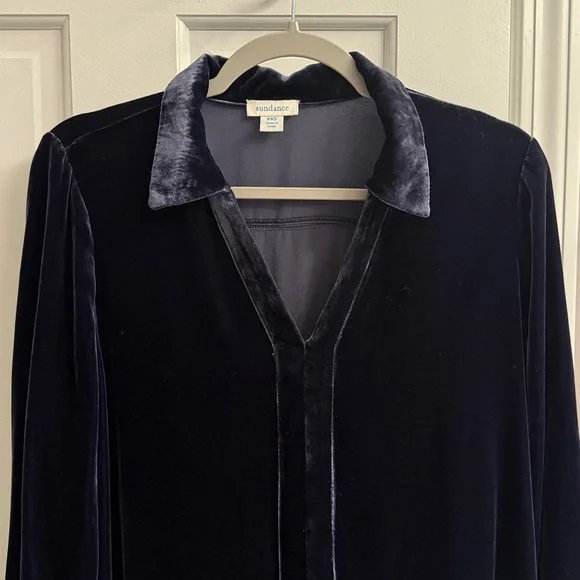 Sundance Hendrix Velvet Shirtdress Long Sleeve Navy Paris Night Blue Relaxed - Picture 5 of 8